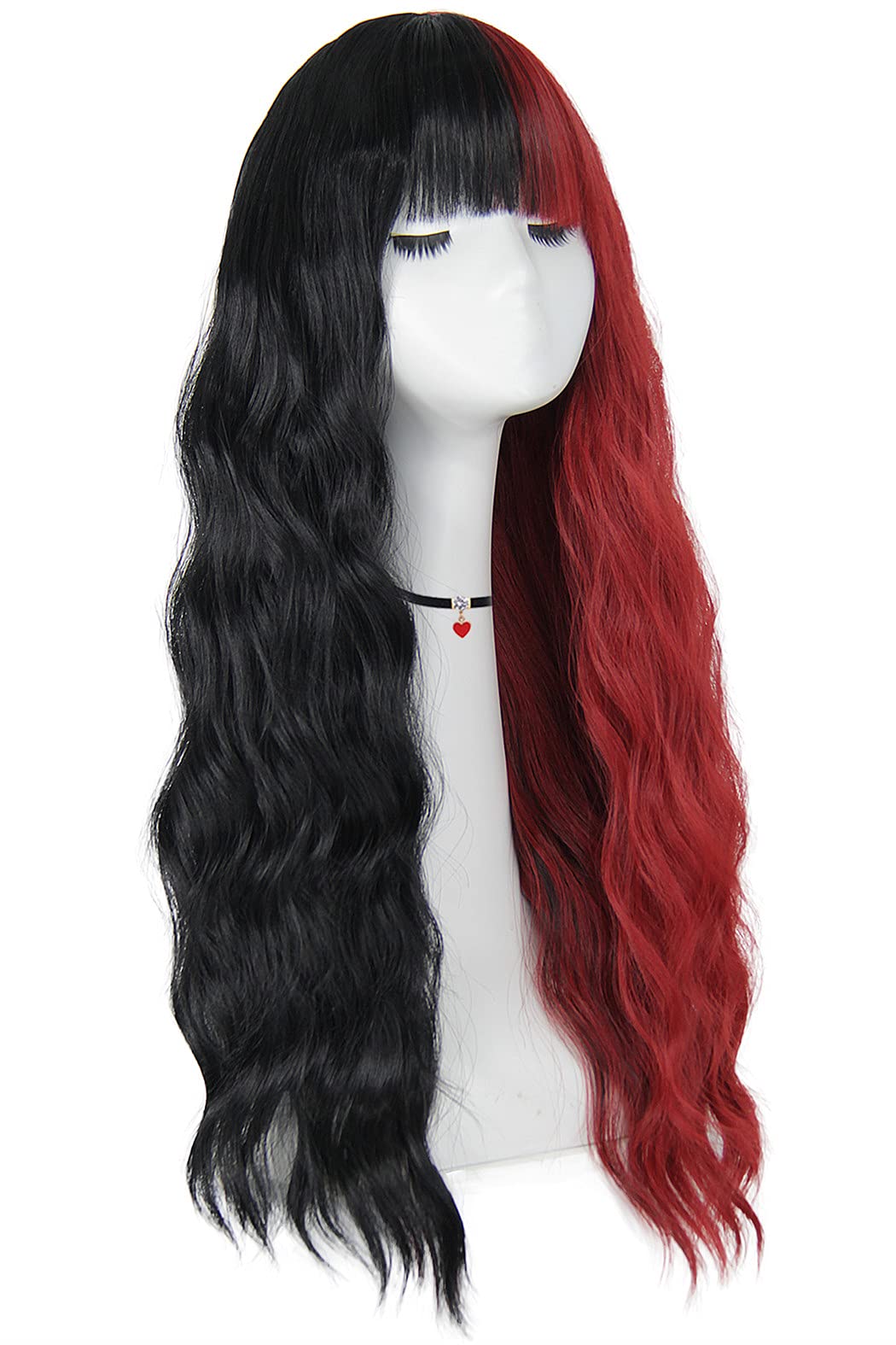 Mildiso Red and Black Wigs for Women 26’’ Long Curly Wavy Hair Wig with Bangs Natural Cute Synthetic Wig with Wig Cap for Party Halloween M062BKR