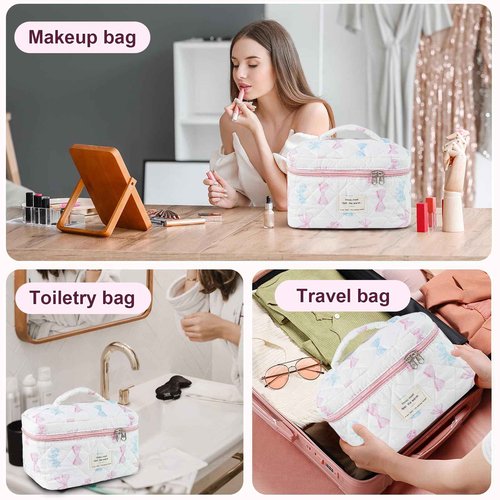 GISMTR Makeup Bag, Quilted Bow Cosmetic Bag, Large Travel Aesthetic Make up Bag, Cute Coquette Toiletry Pouch for Women Girls