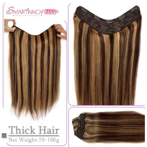 Human Hair Clip Extensions - Chocolate Brown to Caramel Blonde Ombre Highlight V Shape - 14" 70G 4/27 One Hairpiece 3/4 Full Head Balayage With 5 Secure Clips