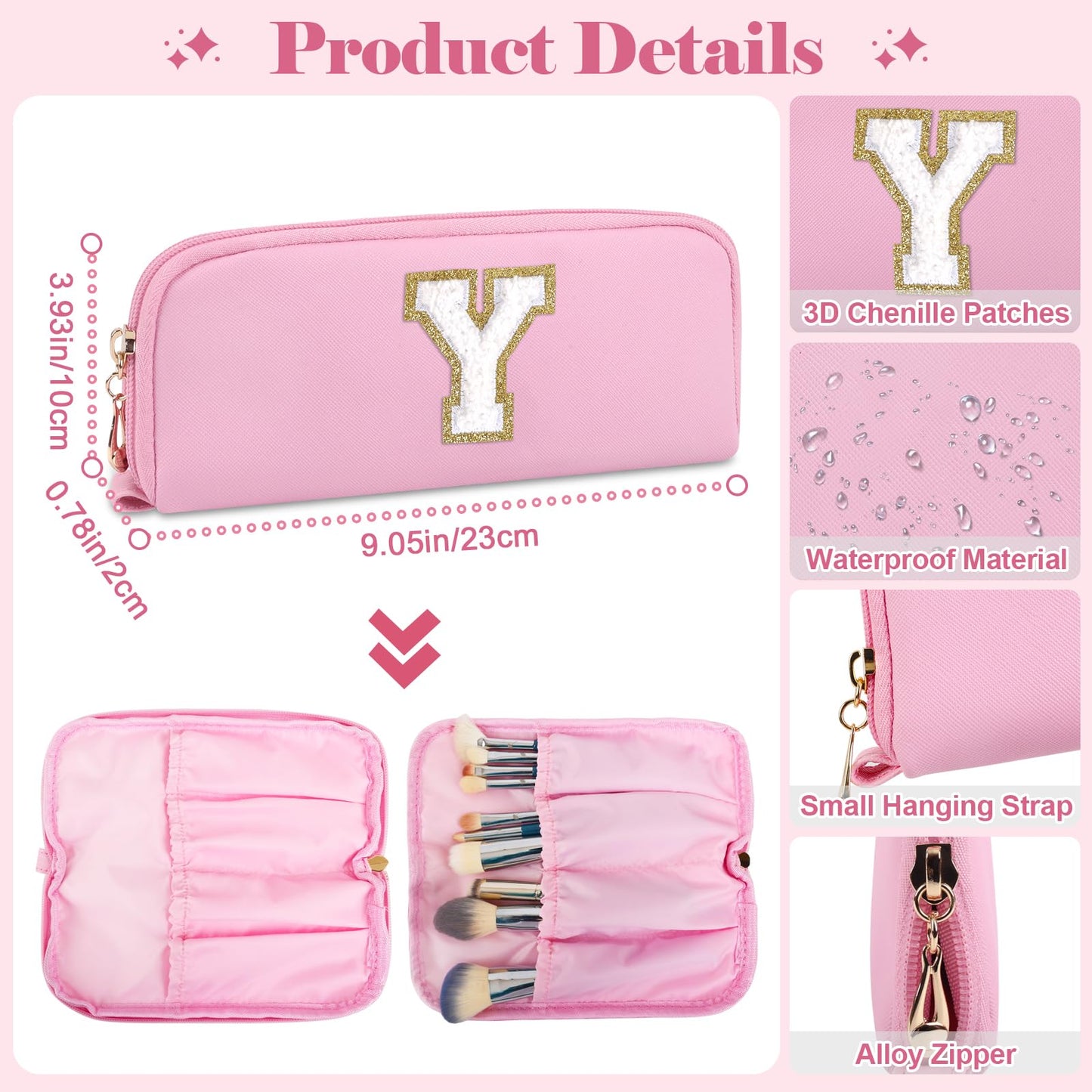 2Pack Personalized Initial Letter Patch Makeup Bag,Pink Preppy Cosmetic Bag with Small Makeup Brush Bag,Cute Waterproof PU Travel Toiletry Pouch,Gift Ideal for Her Birthday Friend Mom Teacher,Letter Y