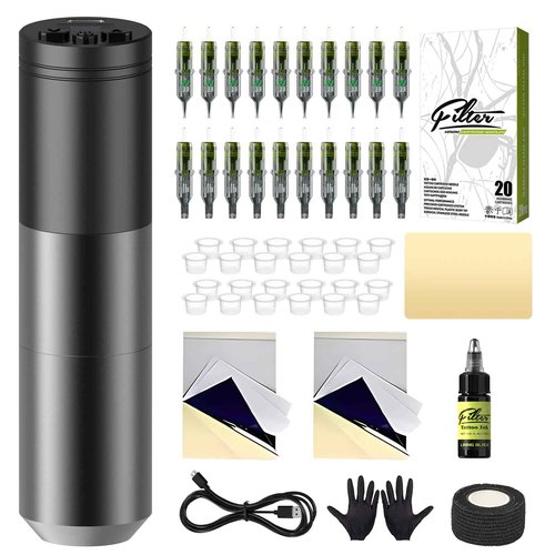 Filter Tattoo Gun Kit - Tattoo Kit Complete with Rotary Machine Pen, 1500mAh Battery Power Supply, 20Pcs Cartridge Needles for Beginners and Artists (Grey)