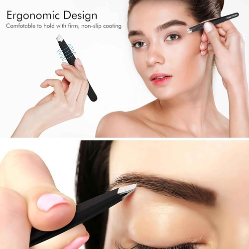 PeakTrend 4-Piece Tweezers Set, High Precision Stainless Steel Eyebrow Tweezers for Facial Hair, Inward Growing Hair and Splinter Remover Kit, Suitable for Women and Men with Leather Travel Case