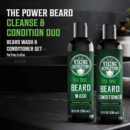 Viking Revolution Tea Tree Oil Beard Wash and Beard Conditioner For Men - Natural Beard Softener Set with Argan Oil, Vitamin E and Ginseng - Tea Tree Beard Shampoo and Conditioner Set (10 Oz)
