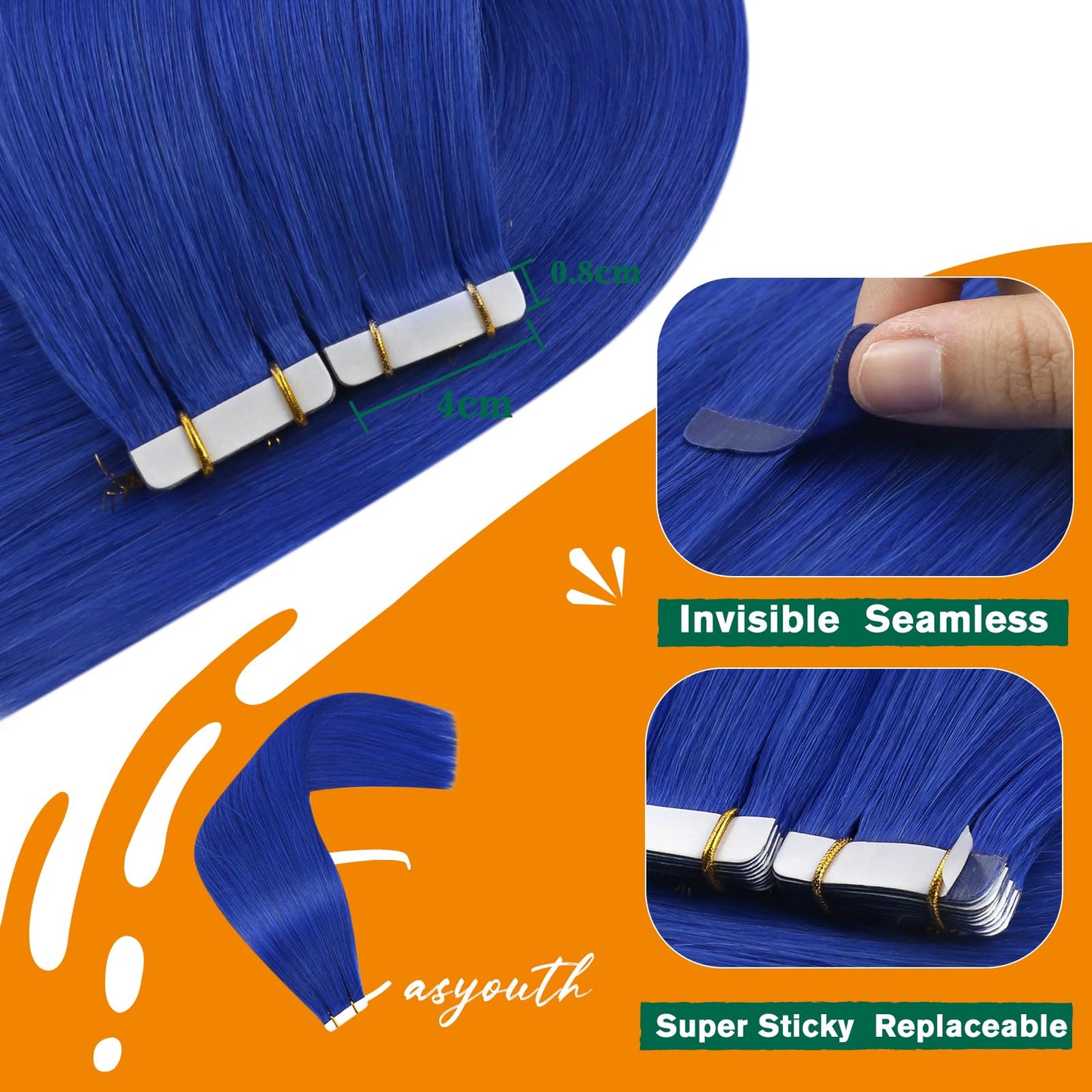 Easyouth Blue Tape in Hair Extensions Human Hair Tape ins Extensions Human Hair Colored Blue Tape in Extensions Real Human Hair Silky 14Inch 20g 10pcs