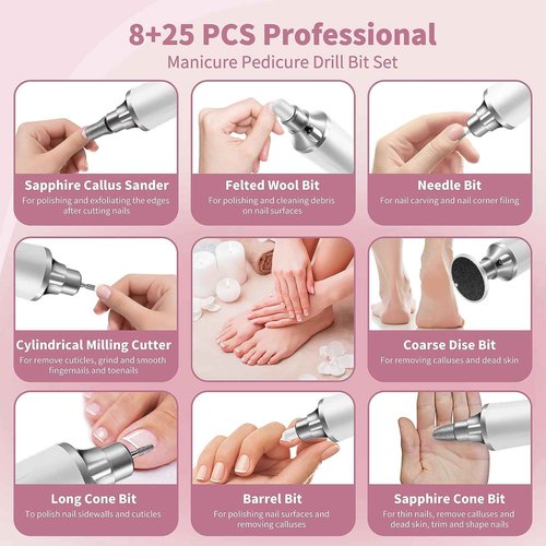 Electric Foot Callus Remover, 2 in 1 Rechargeable Foot File & Nail Drill, 15 Adjustable Speed Manicure Pedicure Kit Foot Scrubber with 25 Pcs Sandpaper Discs Pedicure Tool for Dead Skin (White+Pouch)