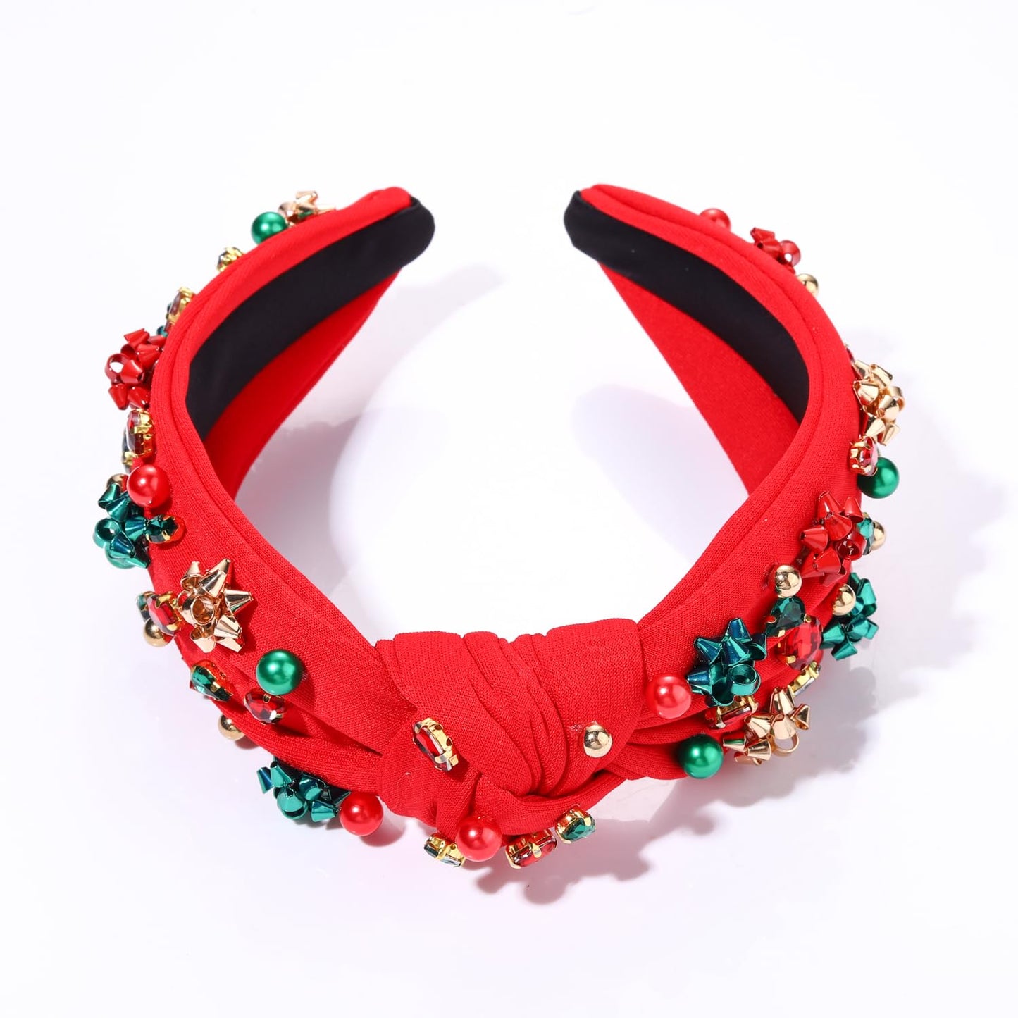 NVENF Christmas Headband for Women Jeweled Xmas Plaid Headband Embellished Crystal Pearl Knotted Headbands Wide Top Knot Holiday Headband Christmas Hair Accessories Holiday Outfits Gifts (Xmas Bow 1)