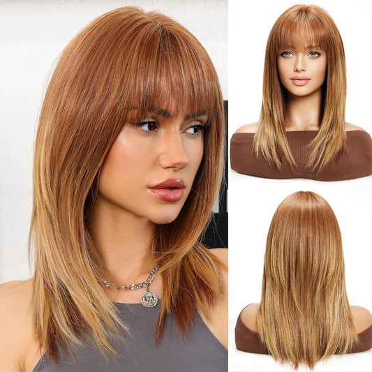 Getshow Ombre Blonde Wigs for Women layered Straight Wig with Bangs Natural Synthetic Hair