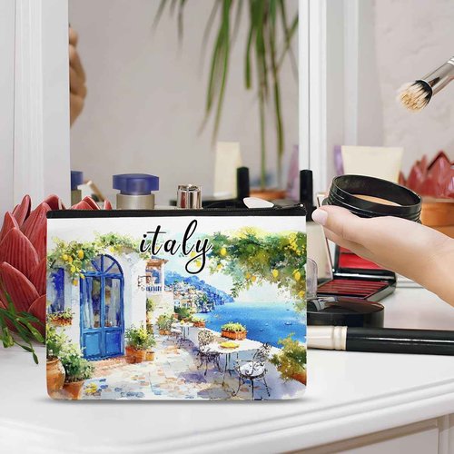 SEAOYOZO Italy Makeup Bag Gifts for Women, Italy Souvenirs, Travel Essentials Cosmetic Pouch Waterproof Linen Toiletry Organizer, Italian Themed Gifts for Travelers Wife Mom Friends Teacher Coworker