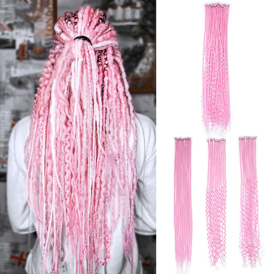 Quiduis 30 Inch 30 Strands SE Dreadlock Extensions Full Sets,3 In 1 Mixed Synthetic Dreads Extensions,Rose Pink Curly&Straight&Boho Single Ended Dreads Extensions Hippie Style Dreadlock for Women