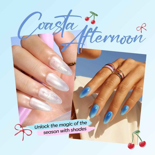 modelones Gel Nail Polish Kit with U V Light, Pearl White Glitter Baby Blue Light Pink Sky Blue Manicure Set with Cherry Stickers, Base Top Coat, 4 Colors Gel Mini Salon Starter Winter Christmas Gift