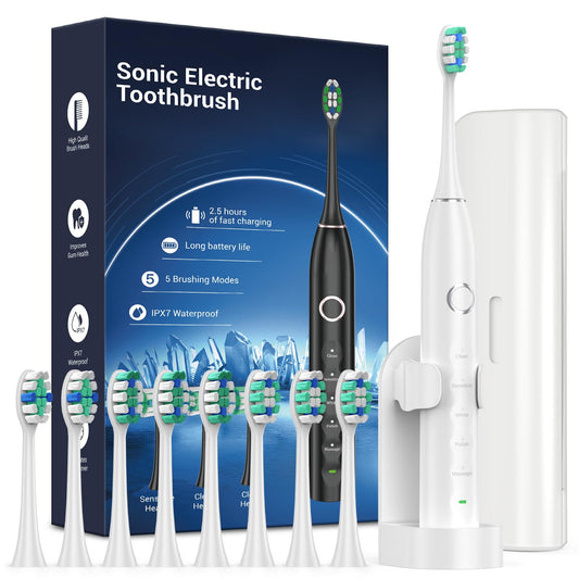 Rtauys S5 Sonic Electric Toothbrush for Adults with 8 Brush Heads, IPX7 Travel Electric Toothbrush with Travel Case, 2.5 Hours Charge for 120 Days, 5 Modes with 2 Minutes Built in Smart Timer White