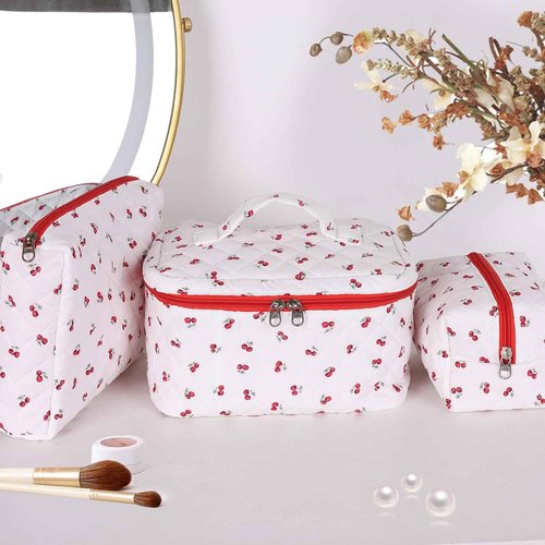 Sarrany 3Pcs Makeup Bag Set,Quilted makeup bag,Floral Cosmetic Bag for Women, Cute Cotton Cosmetic Bag, Wide-open Easy to Take, Flower Toiletry Organizer Bag