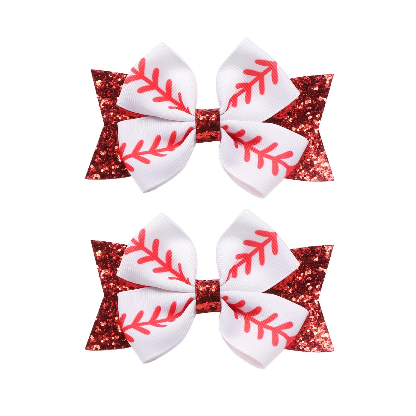 BBTDIN White Softball Hair Clips Bow (B2-Set 2 Pcs) - Hair Clip for Cheer Girls with Grosgrain Ribbon, Large 8 Inch Bow, 1.97 Inch Hair Ring, Fits 3-15 Year Old Kids & Teens