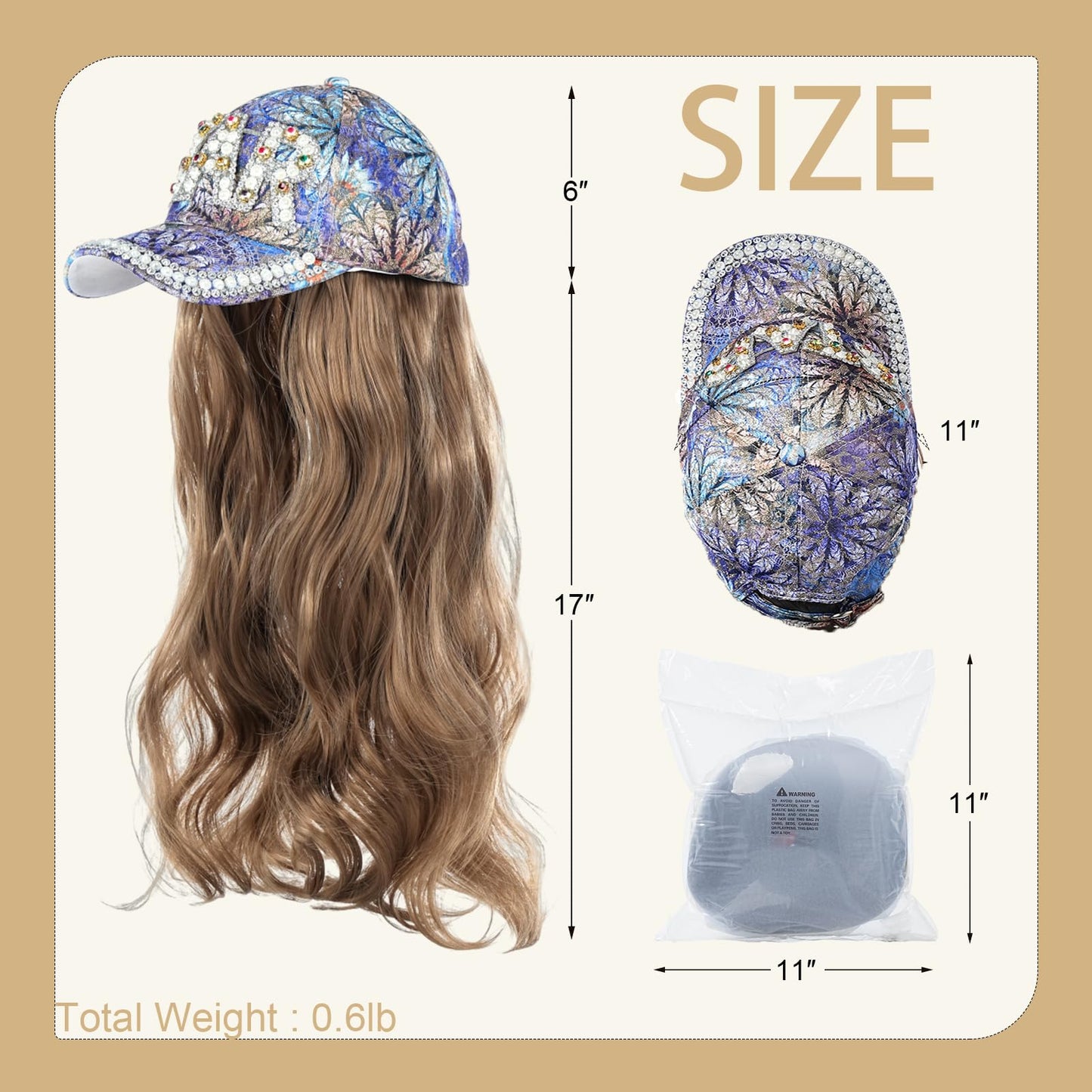 SUNBORRY Hat Wig for Women Baseball Cap with Hair hat with hair attached for women Extensions Adjustable Hat Attached 29" Long Wavy Hairpieces Synthetic Wig