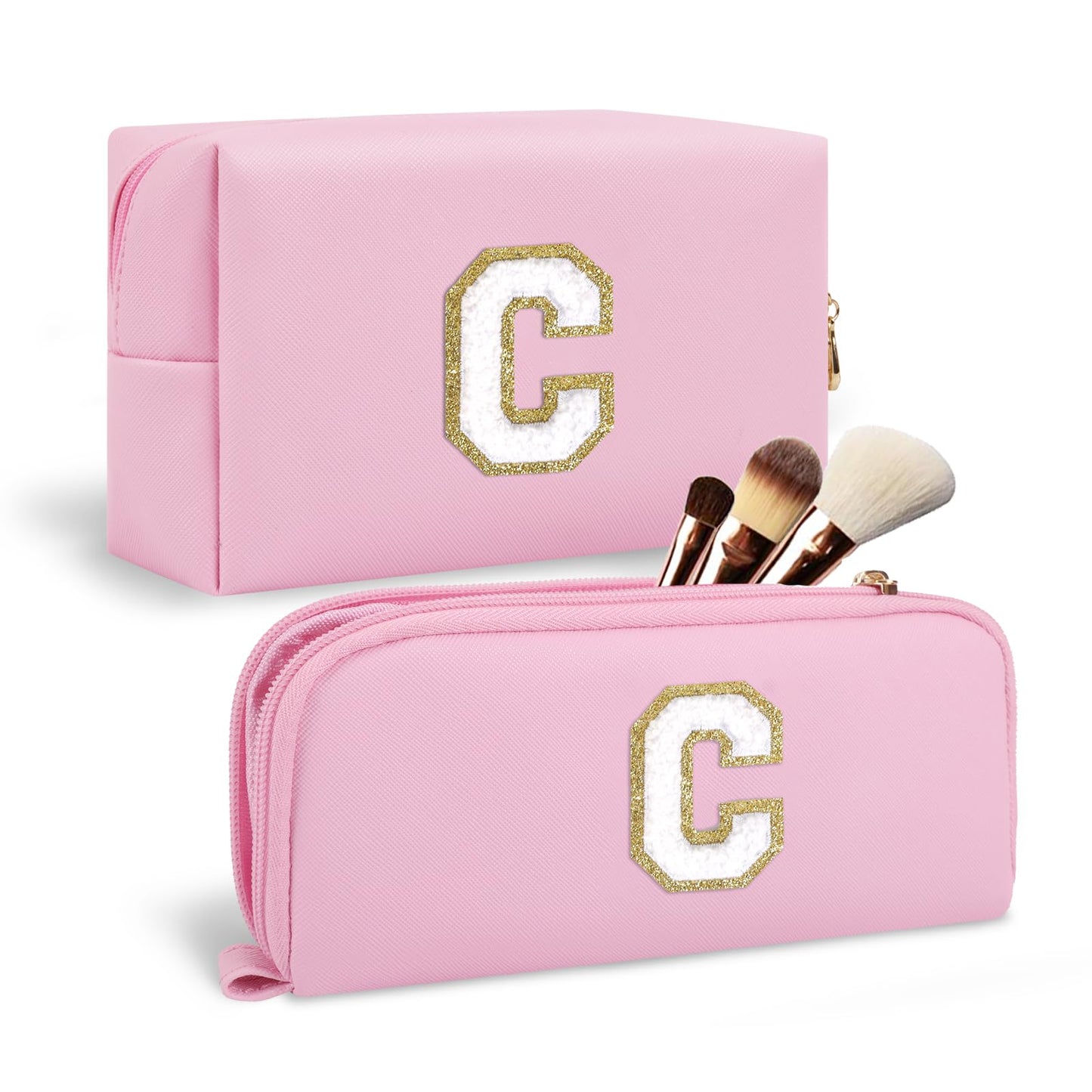 2Pack Personalized Initial Letter Patch Makeup Bag,Pink Cute Preppy Cosmetic Bag with Small Makeup Brush Bag,PU Travel Toiletry Zipper Pouch,Personalized Gifts for Women Teen Girls Friend Mom,Letter C