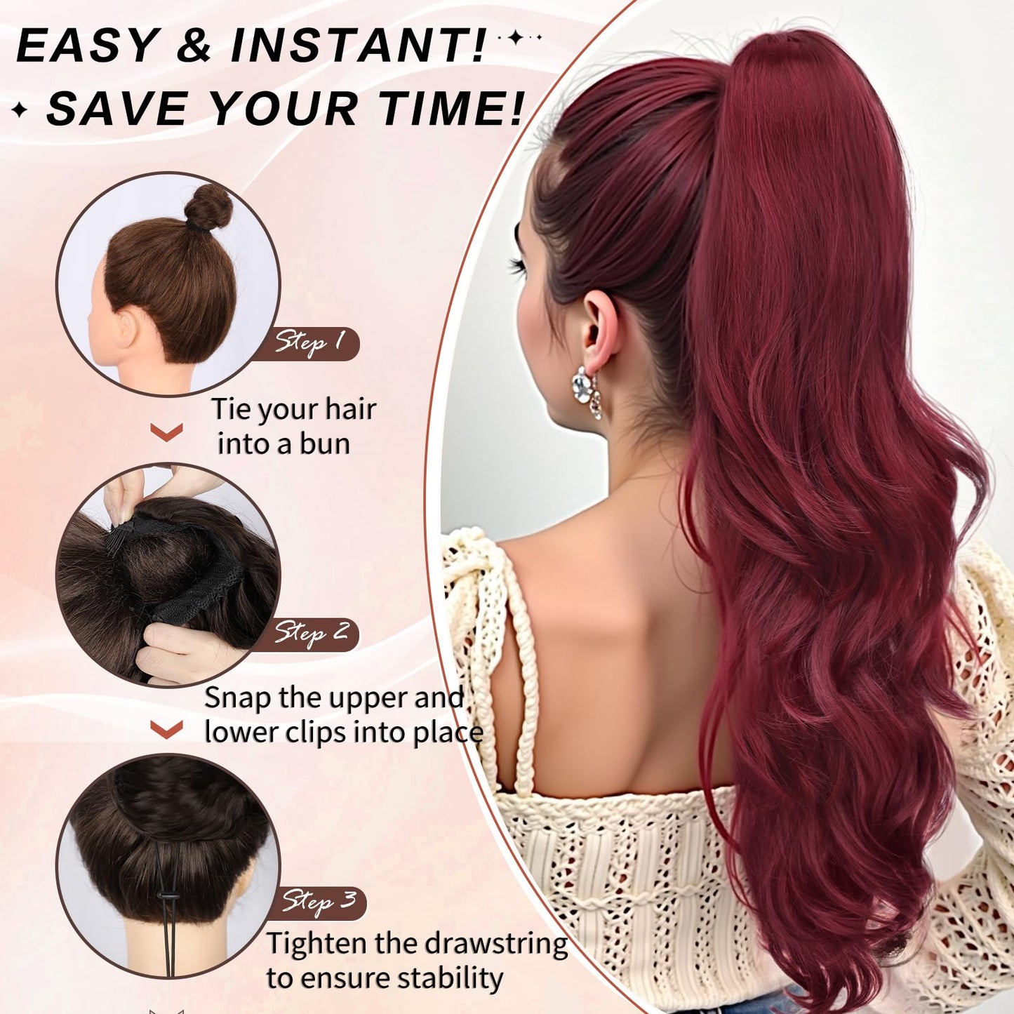 CHRSHN Ponytail Extension, Drawstring Ponytail Extension for Women 26 Inch Long Wavy Pony Tails Hair Extensions Synthetic Clip in Ponytail Hairpiece for Women(BUG)