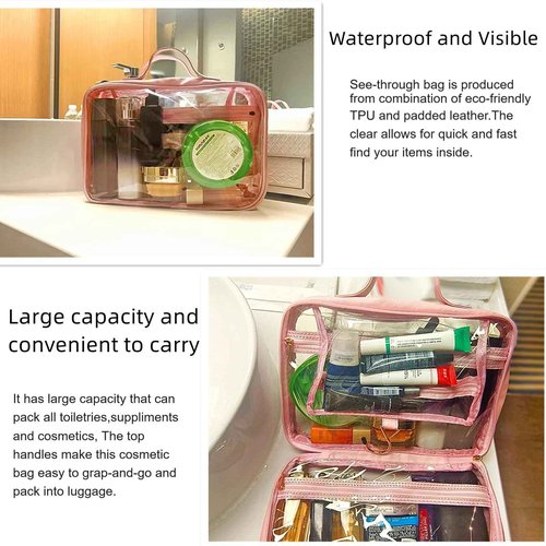 Greaciary Clear Toiletry bag with Hanging hook,Water-resistant cosmetic makeup bag transparent Organizer for women men,Carry on Travel accessories essentials,Pink (Pink)