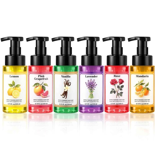 Swiffen 6pack Christmas Foaming Hand Soap with Pump Care Moisturizing Liquid Holiday Foam Hand Wash Stocking Stuffers Gift for Kitchen Bathroom Family Teacher Staff 8.75 Fl.oz(6 Colors,Fresh Scent)