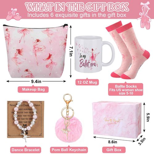 Teenyyou 6 Pcs Ballerina Recital Dance Gifts for Girls Glitter Pink Bracelet Pom Pom Keychain Makeup Bag Socks Funny Mug Stuff for the World International Dance Day for Daughter Granddaughter Friends