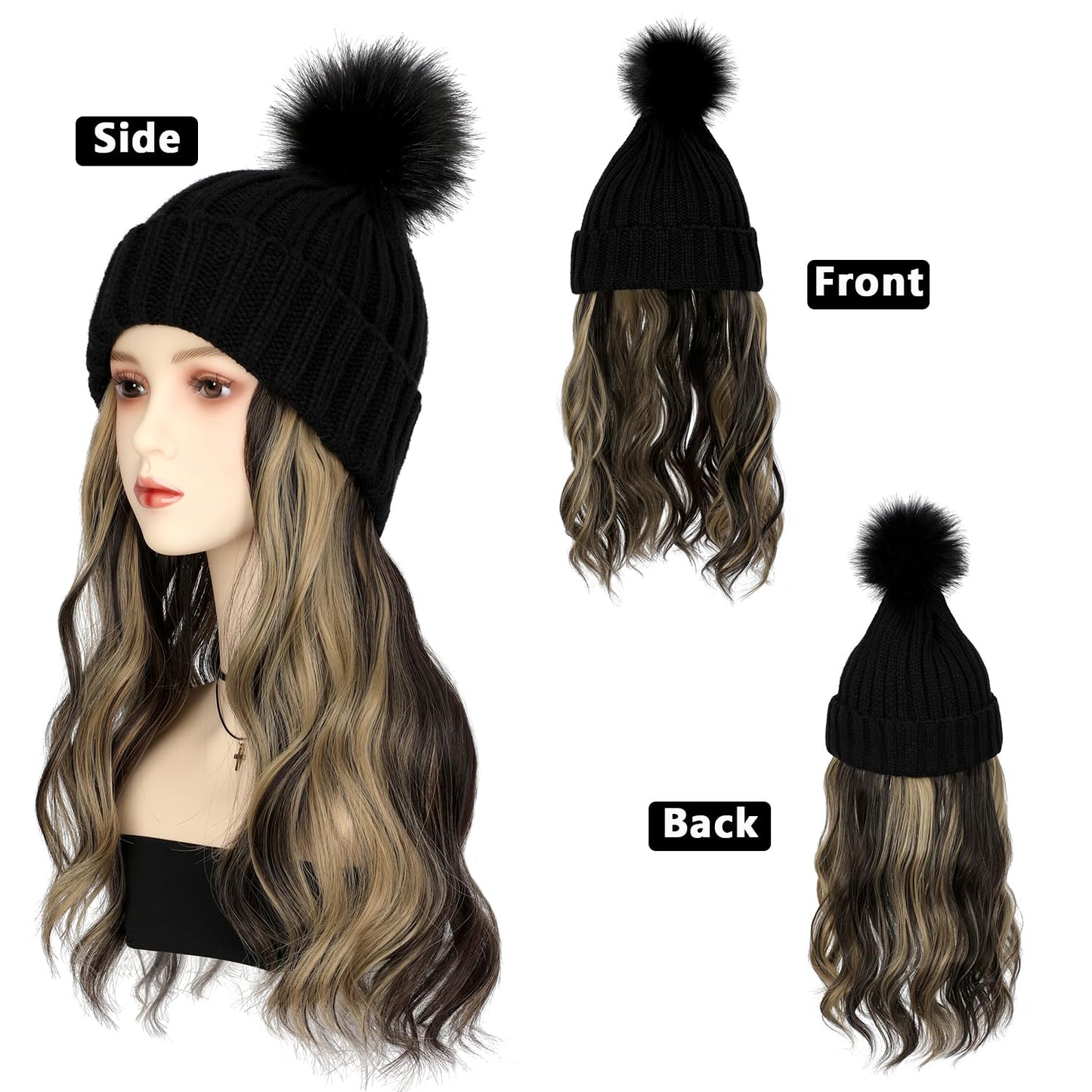 Cephermer Women Beanie Hat with Hair Attached Warm Knitted Pom Cap Attached 14inch Long Wavy Curly Hair Extensions Synthetic Hairpiece