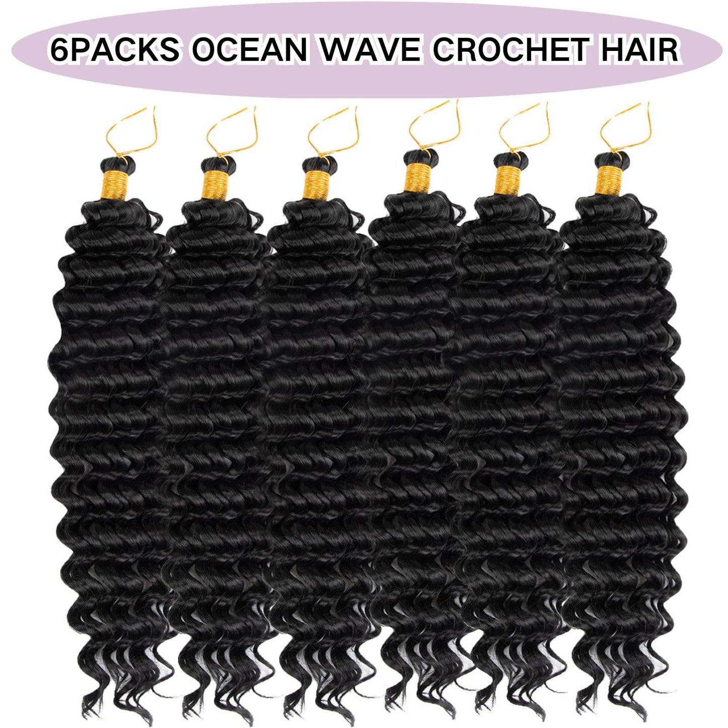 Deep Wave Crochet Hair 16 Inch 6 packs Long Curly Braiding Hair Extensions Ocean Wave Crochet Hair For Black Women Synthetic Ocean Wave Curly Crochet Hair For Boho Box Braids (1B, 16inch, 6pack)