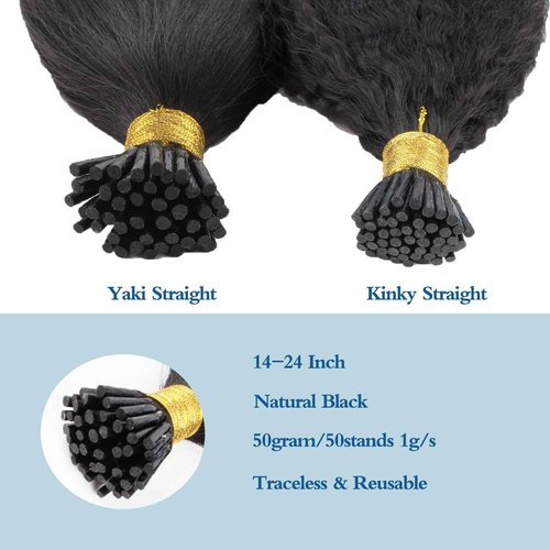 ABH AMAZINGBEAUTY HAIR Kinky Straight Hair Extensions for Black Women Human Hair I Tips 50 Strands I Tip Remy Human Hair Extensions Kinky Straight Cold Fusion Hair Extensions 14 Inch 50G