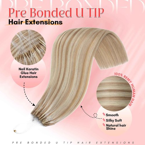S-noilite U Tip Hair Extensions 100% Real Remy Human Hair Upgraded Micro Ring K Tip Extensions Pre Bonded Keratin Hair Extensions 50g/50 Stands 14 Inch Golden Brown Highlighted Bleach Blonde
