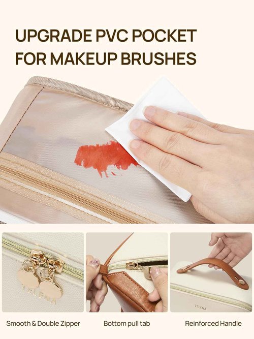Telena Leather Make Up Bag Portable Travel Makeup Bag Waterproof Cosmetic Bags for Women Large Capacity With Handle and Divider Open Flat