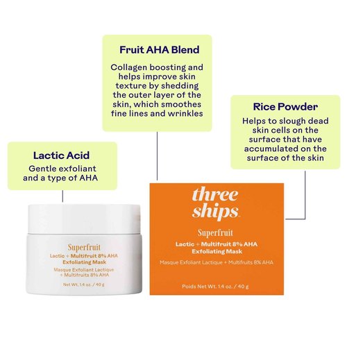 Three Ships - Superfruit Lactic + Multifruit 8% AHA Exfoliating Mask | Polish, Renew, Smooth Skin | Cruelty-Free, Vegan, Paraben-Free, Sensitive Skin Safe (1.4 oz | 40 g)