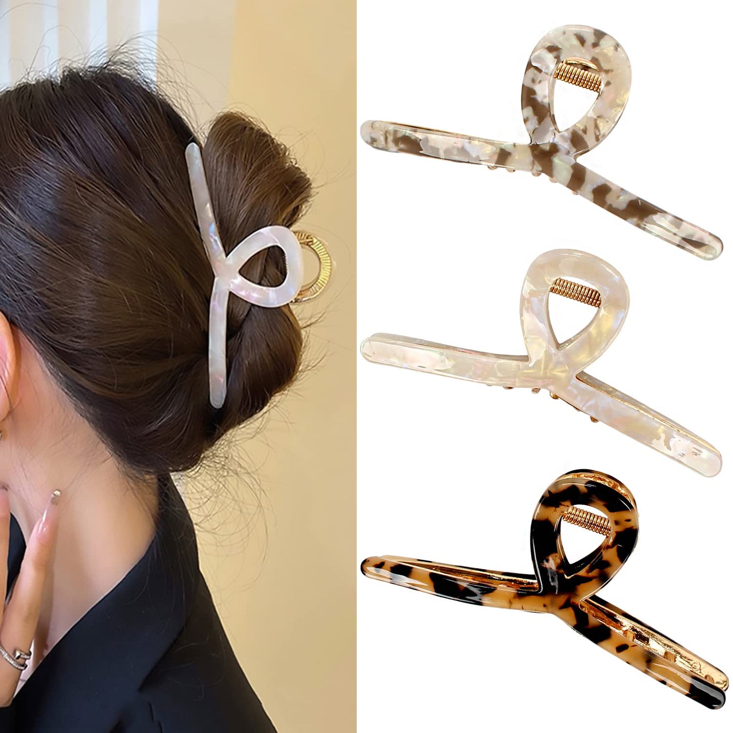 3 Pack Large Metal Acetate Hair Claw Clips Big Non Slip Hair Clamp for Women Hair Accessories as Gift for Medium to Thick Hair (3pcs/box,Ivory White,Gray,Leopard Print)