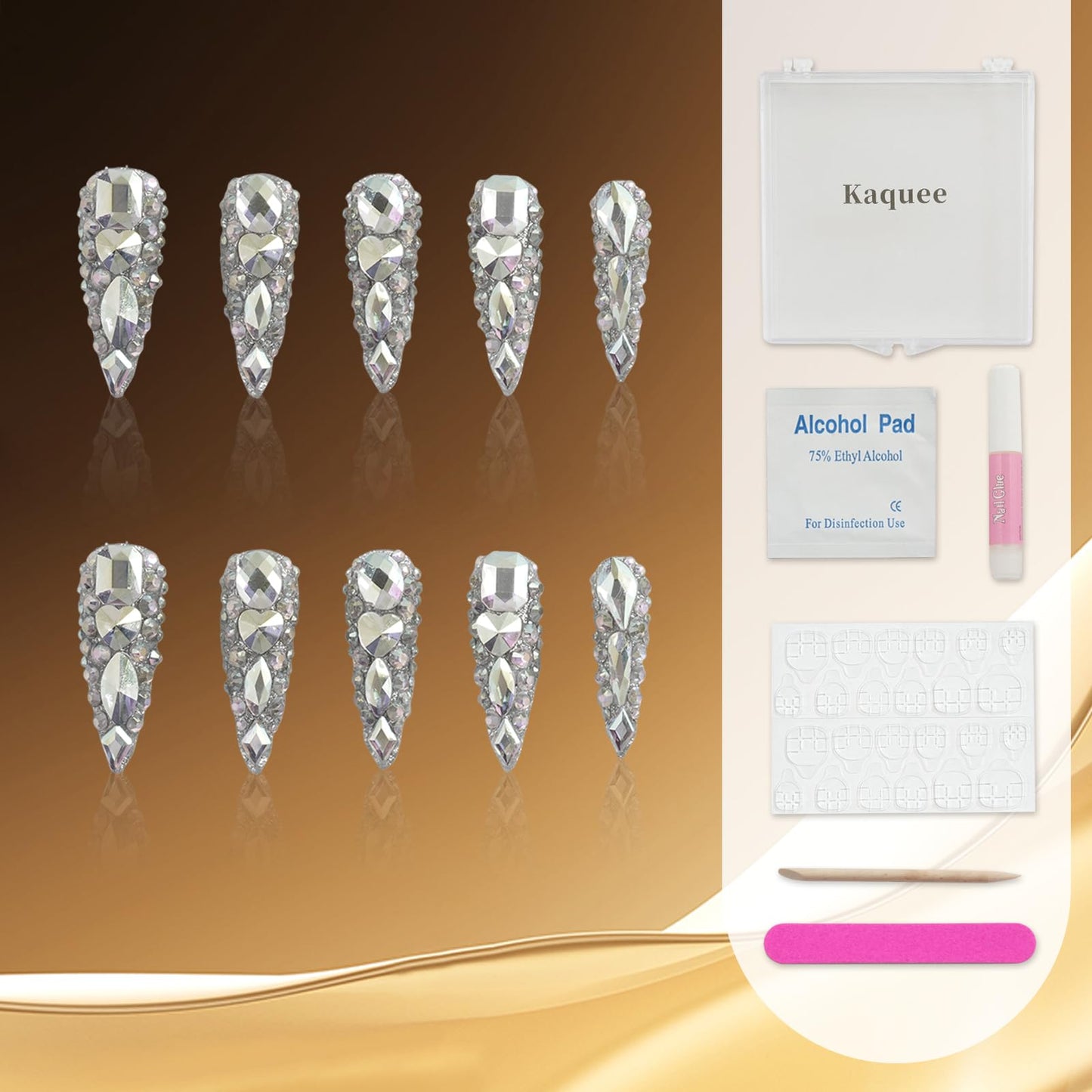 Kaquee-Really Handmade Press on Nails Long,Luxury Golden Stiletto Fake Nails Y2k,Glue Stick on Nails with Butterfly Bling Rhinestones,Nail Art Gifts for Women Girls (Silver, XS)