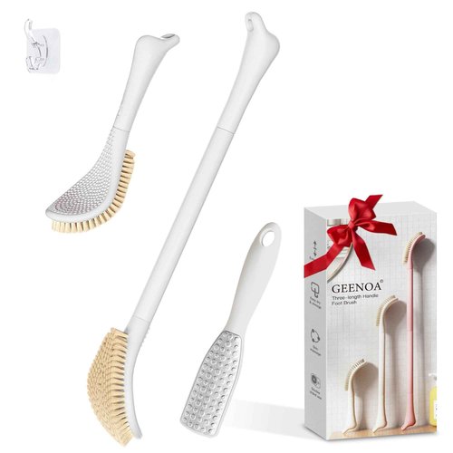 GEENOA New Foot Brush & Foot File Set(2PCS), 3-in-1 Foot Scrubber in Shower, 10.2’’-27.5’’Adjustable Long Handle Foot Scrub Brush and Upgrade Foot File Callus Remover, Gift-Box Packed(White Set)