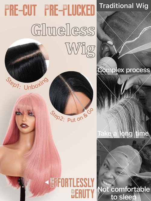 Pink Glueless Lace Front Wig For Women | 26 Inch Long Straight Layered Synthetic Wig With Curtain Bangs | Heat Resistant, Wear & Go, No Glue Needed | Cosplay & Daily Use