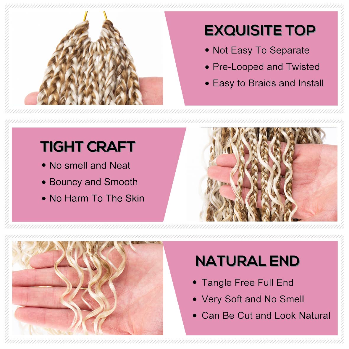 COOKOO 14 Inch Boho Box Braids Crochet Hair for Women 8 Pack Synthetic Bohemian Pre Looped Goddess Box Braids Crochet Hair Curly Ends Hippie Braiding Hair Extension 27M613#