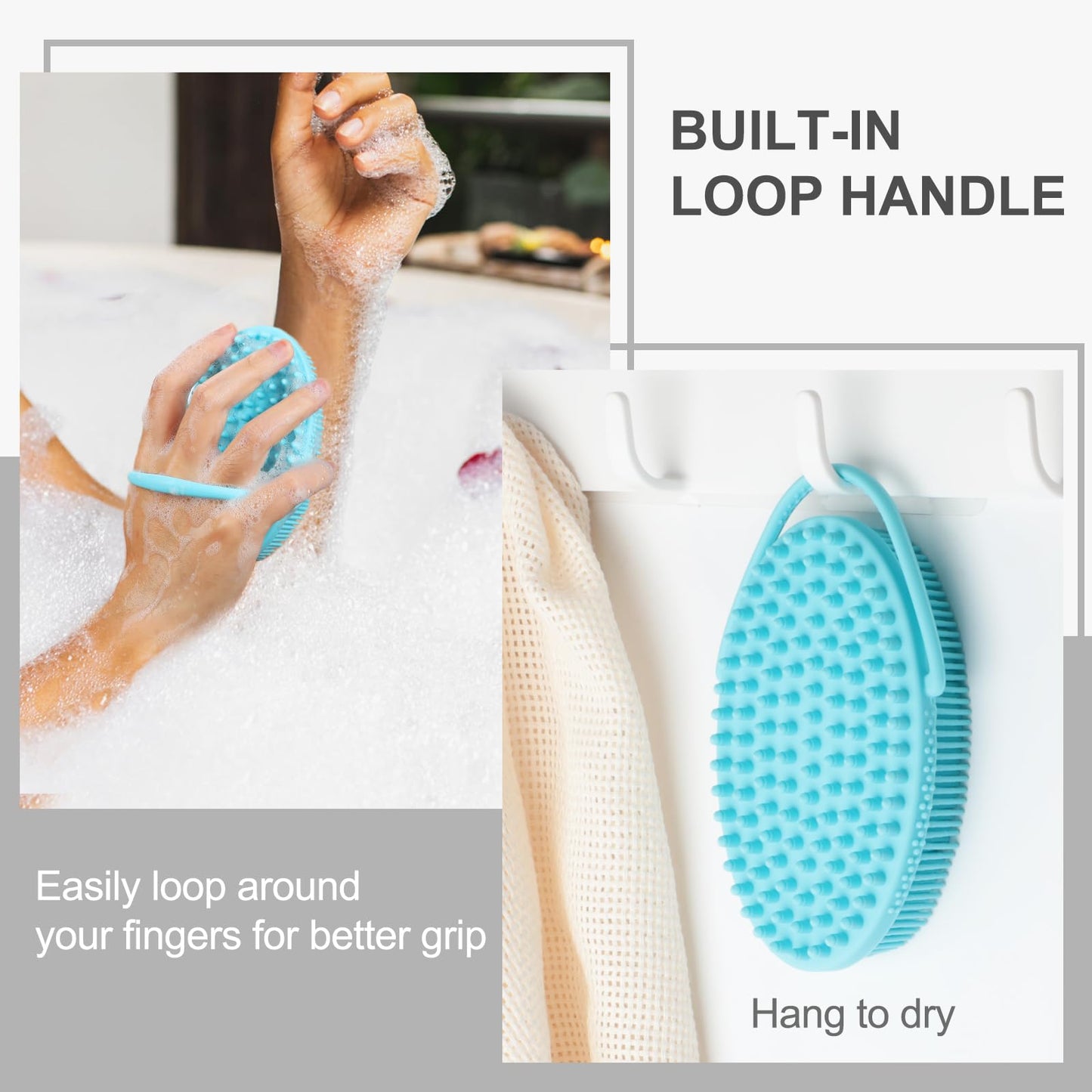 FREATECH Silicone Body Scrubber with Loop Handle, Gentle Exfoliating Body Cleansing Brush for Use in The Shower or Bath, More Hygienic Than Loofah, Easy to Clean, Long-Lasting, Light Blue