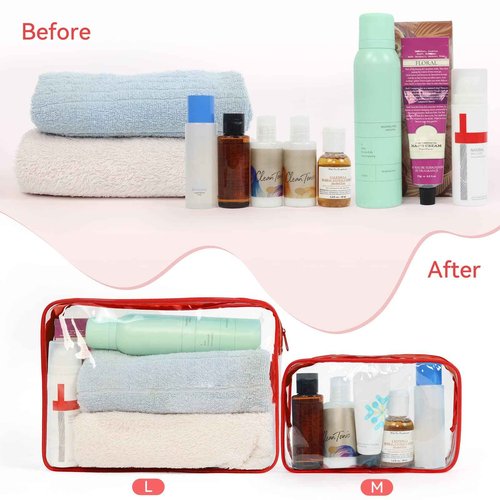 TISRATOK 12 PCS Clear Makeup Bag for Women with Zipper, TSA Approved Toiletry Pouch, Cosmetic Bag Bulk for Travel Organizer Essentials - Red, Medium