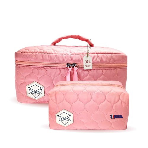 PINK PROTECT XL Quilted Makeup Bag Set of 2 - Extra Large Makeup Bag + Toiletry Bag for Women, Waterproof & Lightweight Cotton with Multiple Compartments, Perfect for Travel, Premium Stitching (Pink)