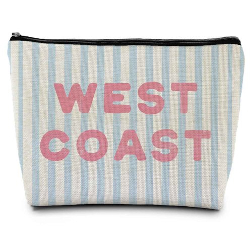 ignytiger Summer Coastal Beach Makeup Bag, West Coast Cosmetic Bags for Women, Gifts for Ocean Lovers, Preppy Cute Blue Striped Beachy Nautical Zipper Makeup Pounch Pouches for Purse