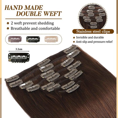 Clip in Hair Extensions Real Human Hair, 14 inch 80g, Balayage Invisible Remy Human hair Clip in Extensions for Women Seamless Straight 8Pcs Double Weft Chocolate Brown