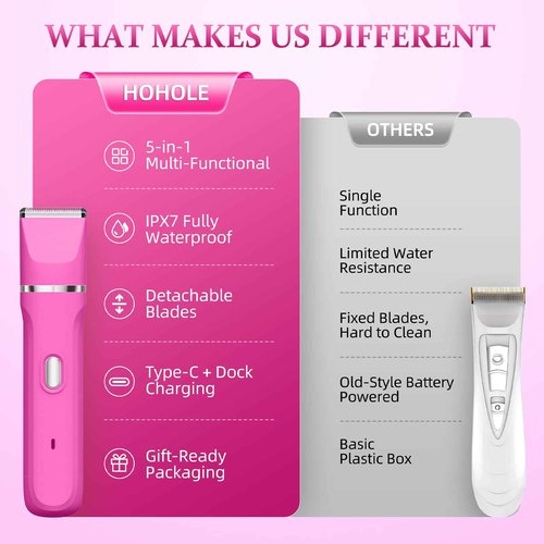 HOHOLE 5-in-1 Bikini Trimmer for Women, IPX7 Waterproof Electric Razors Shaver, Cordless Body Hair Trimmer, Facial & Pubic Hair Removal, Ceramic Blade (Magenta)