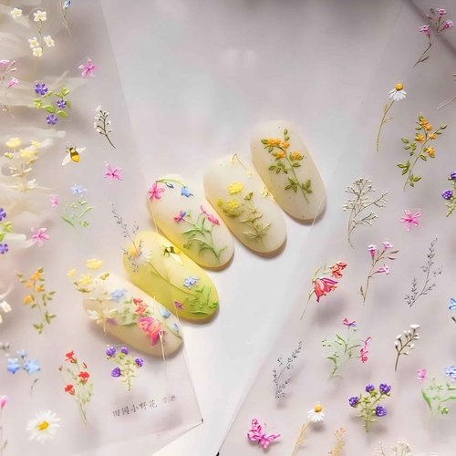 Dedyel Rural Wildflowers Nail Stickers 5D Embossed Wildflower Nail Stickers Spring Summer Red Yellow Blue White Flower Design Nail Art Decoration for Women Girls Kids