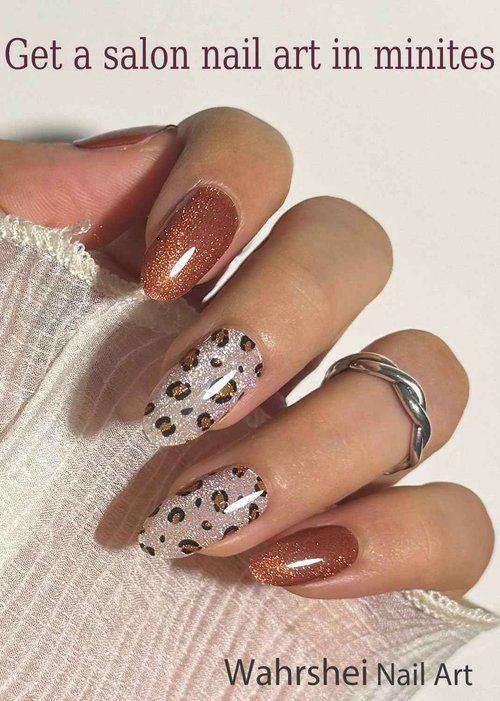 Semi Cured Gel Nail Strips, Leopard Print,Cat Eye 20pcs Adhesive UV Sticker, Wraps for Home Manicure DIY