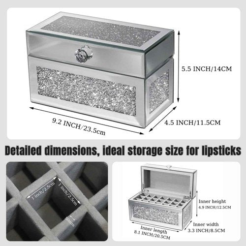 joyshiny 21-Slot Mirrored Lipstick Organizer, Rollerball Perfume Glass Storage box with Lid,Lip Gloss Storage for Vanity, Crushed Diamond Home Decor, 9.2''x 4.5'' x 5.15''
