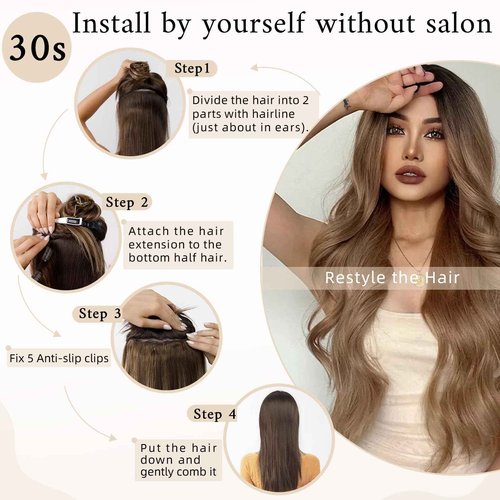 SEGO One Piece Clip in Extensions, 5 Clips Real Human Hair Extensions, Long Straight, 10 inches, #4P27 Medium Brown Mix Dark Blonde