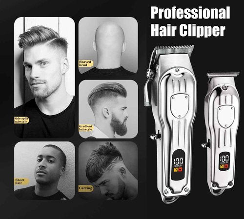 Gegong Professional Hair Clippers for Men, Cordless Hair Trimmer Kit, LCD Display Hair Cutting Set, Wireless Barber Clippers, Rechargeable Haircut Machine for Family (Silver)