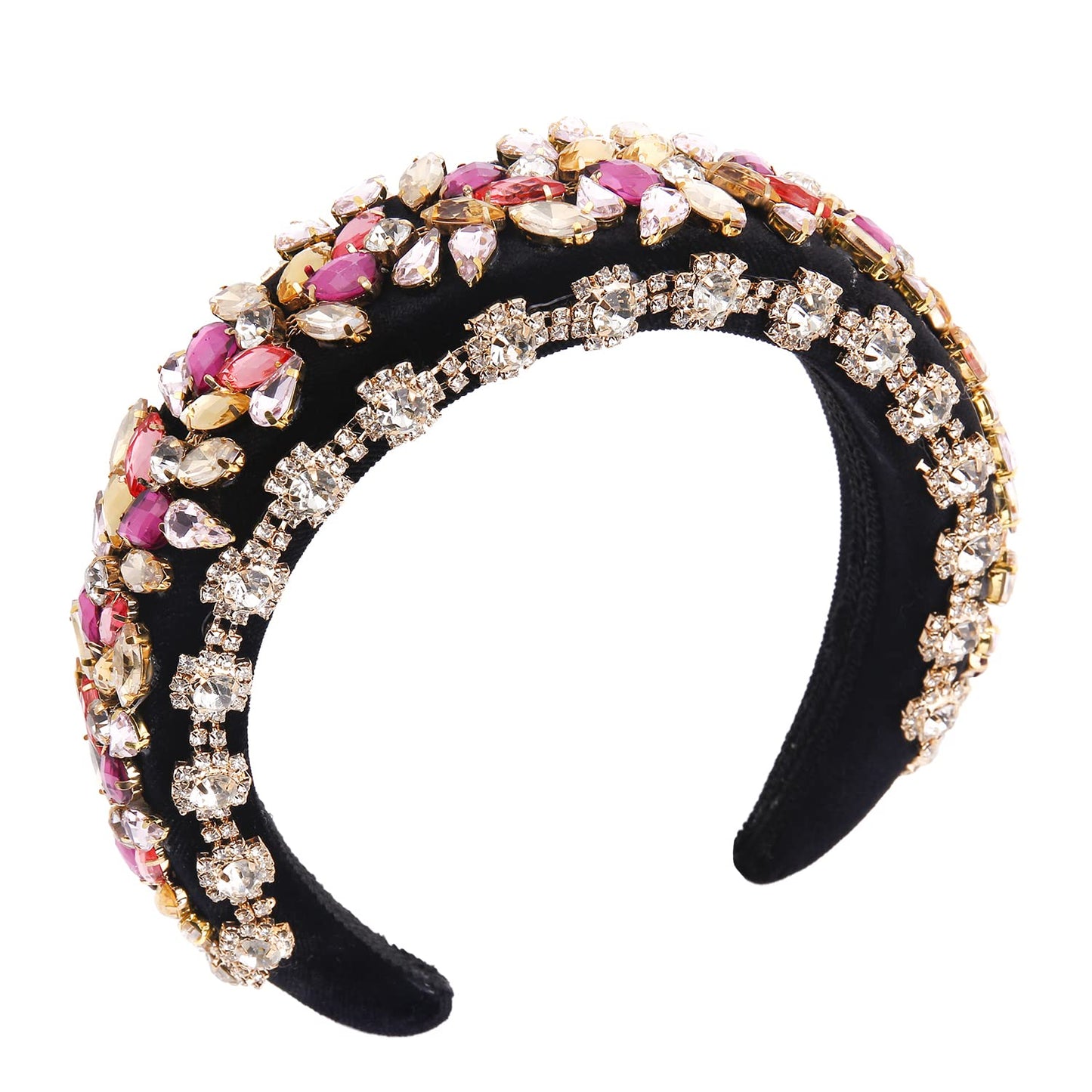 QIANXUAN Crystal Rhinestone Headbands For Women White Pearl Headbands For Girls Padded Headband Black Velvet Jewelry Chain Hairband Handmade Pearly Flower Retro Filling Diamond Hair Accessories (Rhinestones Headband-98)