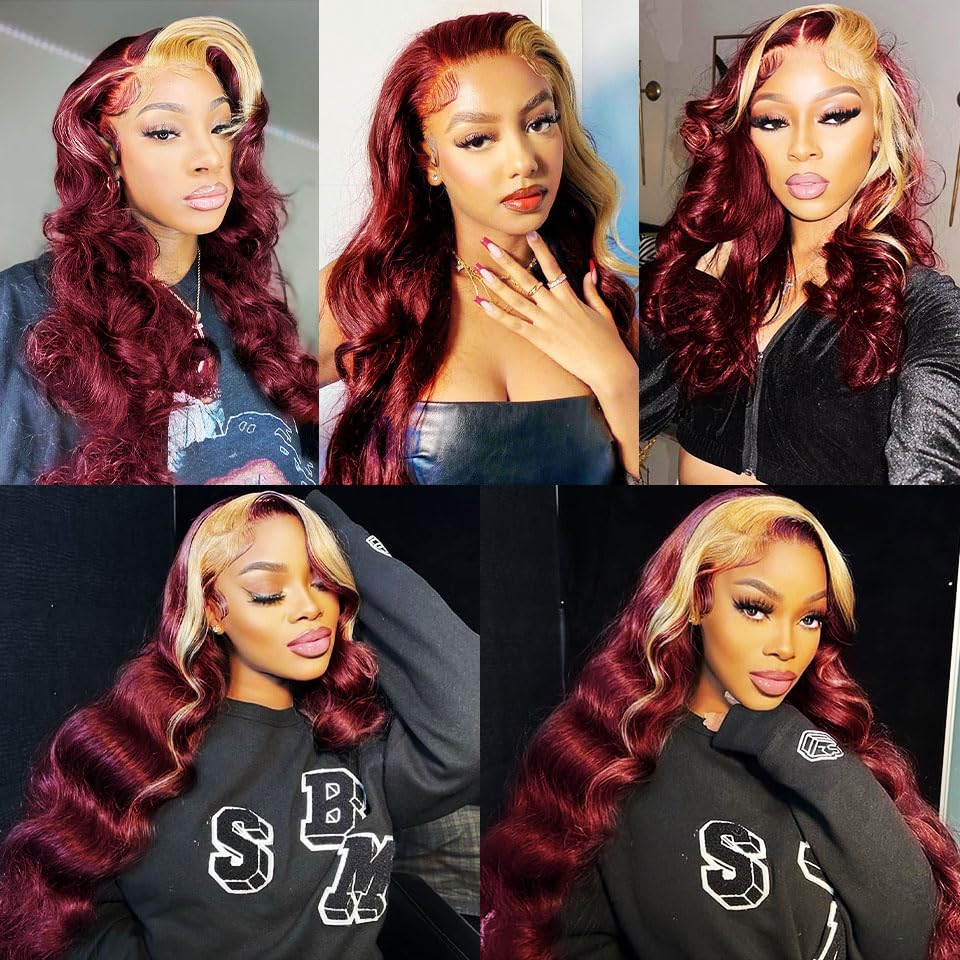 Honey Blonde Bundles 27 Human Hair Bundles Highlight Body Wave Human Hair Bundles Brazilian Unprocessed Virgin Hair 3 Bundles 8 10 12 inch P27/99J Bundles Burgundy Body Wave Bundles