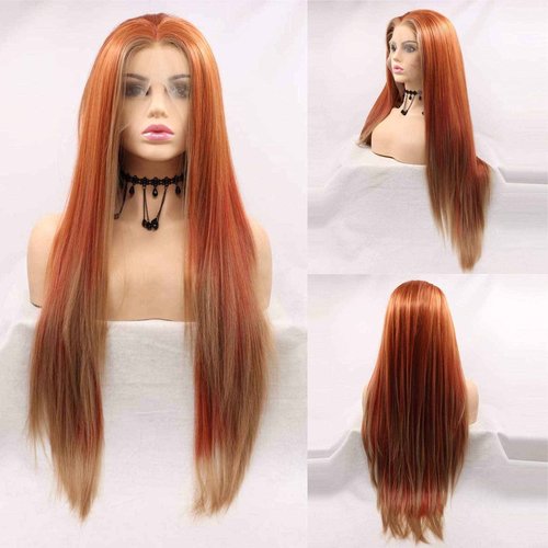 Xiweiya Wig Long Red Brown Wig with Blonde Synthetic Lace Front Wig Hightlight Long Soft Wig Silky Straight Hair Replacement Wig for Women, Drag Queen Makeup 24 inch
