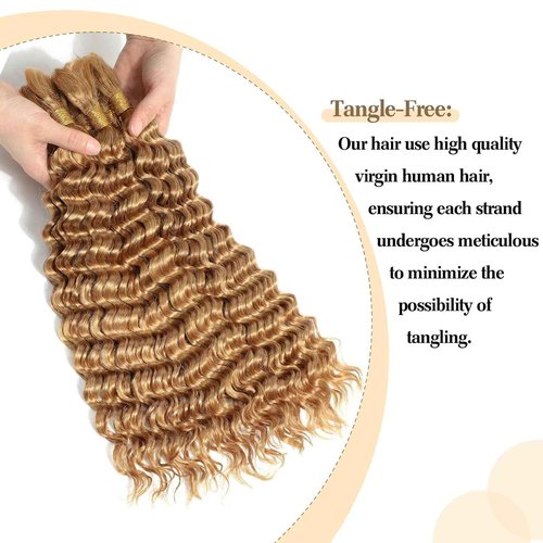 Luxvogue Curly Braiding Human Hair Light Brown 100g 20 Inch Color 27 Honey Blonde Deep Water Wave Bulk Human Hair for Braiding No Weft Brazilian Virgin Deep Curly Human Hair Extensions for Boho Braids