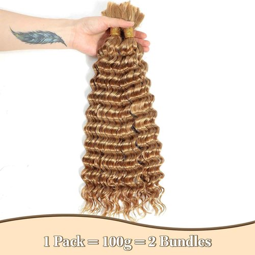 Luxvogue Curly Braiding Human Hair Light Brown 100g 20 Inch Color 27 Honey Blonde Deep Water Wave Bulk Human Hair for Braiding No Weft Brazilian Virgin Deep Curly Human Hair Extensions for Boho Braids